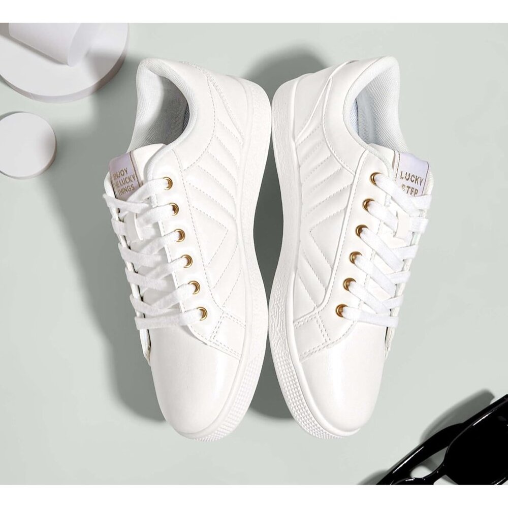 Women's White PU Glitter Shoes Sparkly Bling Shiny Bedazzled Lace Up Sneaker - Picture 3 of 9